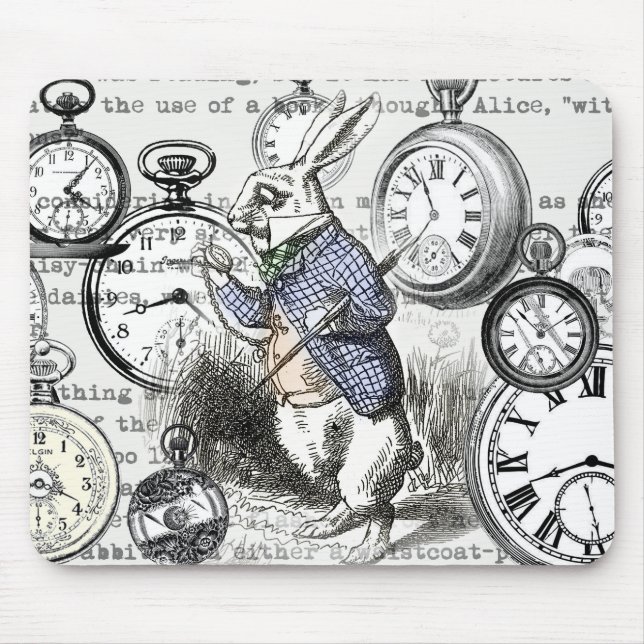 White Rabbit Alice Wonderland Clocks Art Mouse Mat (Front)
