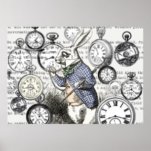White Rabbit Alice Wonderland Clocks Art Poster