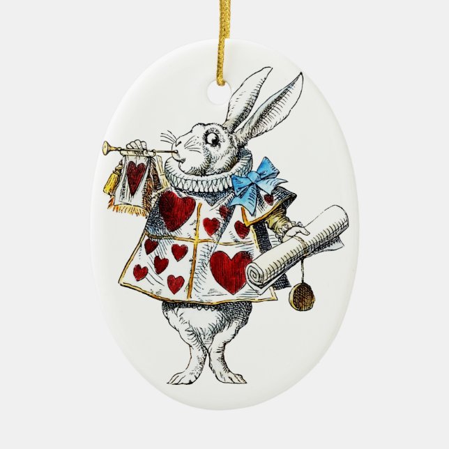 White Rabbit Alice Wonderland Hearts Ceramic Tree Decoration (Front)