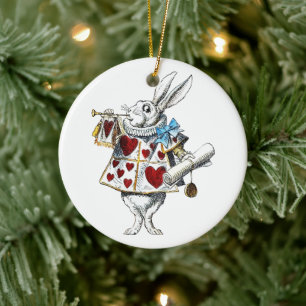 White Rabbit Alice Wonderland Hearts Ceramic Tree Decoration