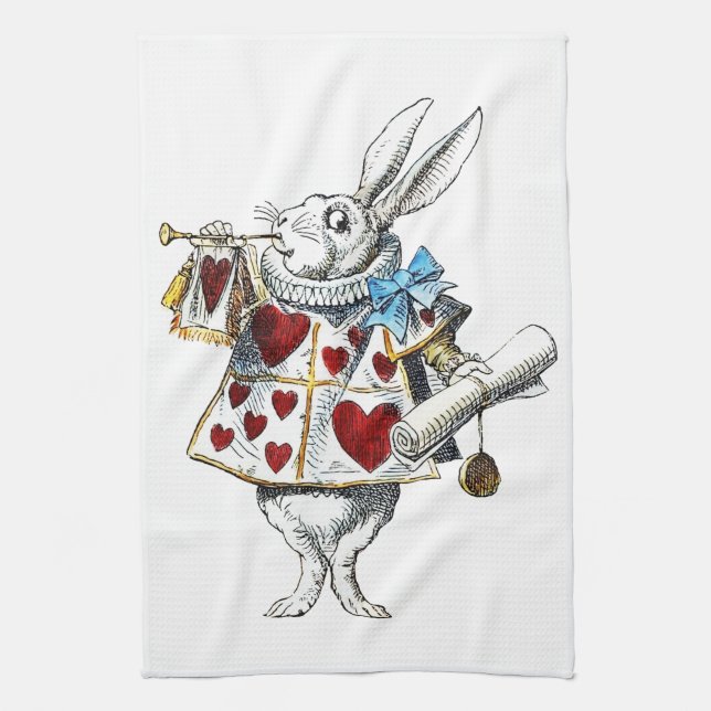White Rabbit Alice Wonderland Hearts Tea Towel (Vertical)