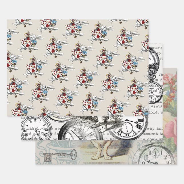 White Rabbit Alice Wonderland Hearts Tote Wrapping Paper Sheet (Set)