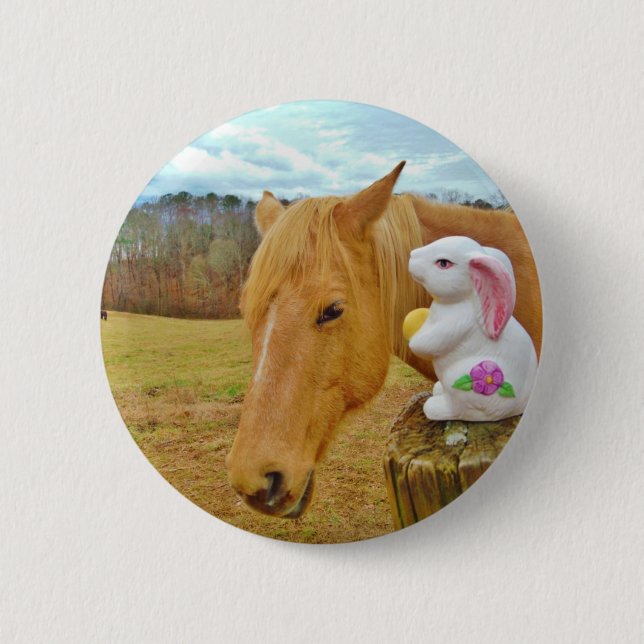 White rabbit and blonde yellow horse 6 cm round badge (Front)