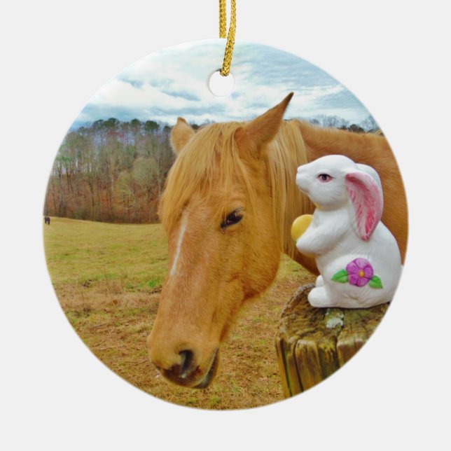White rabbit and blonde yellow horse ceramic tree decoration (Front)