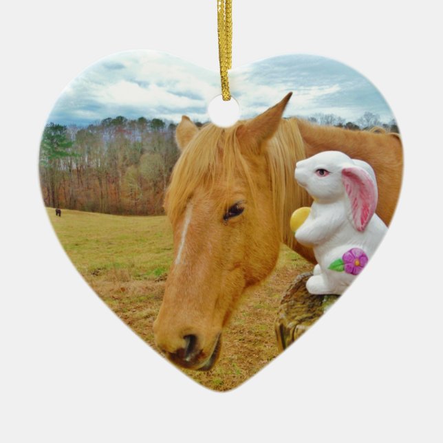 White rabbit and blonde yellow horse ceramic tree decoration (Front)
