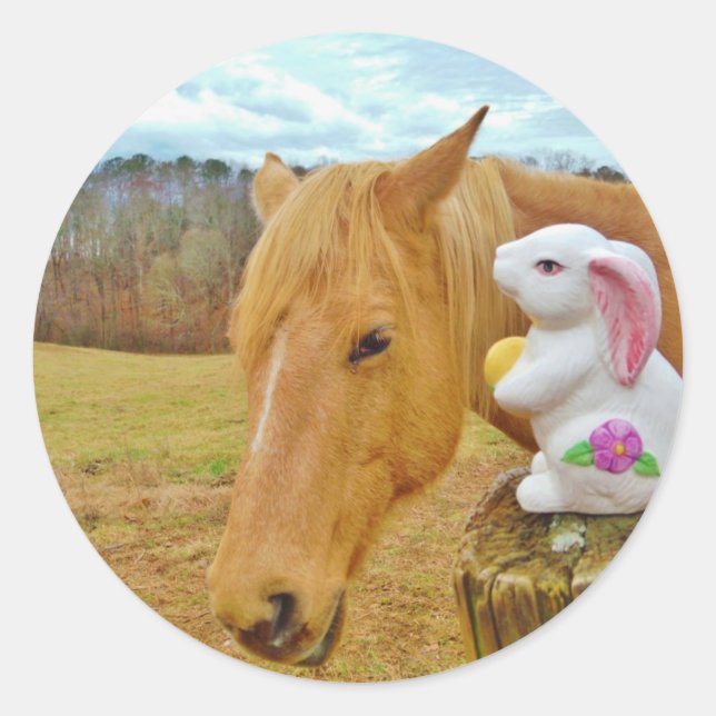 White rabbit and blonde yellow horse classic round sticker (Front)