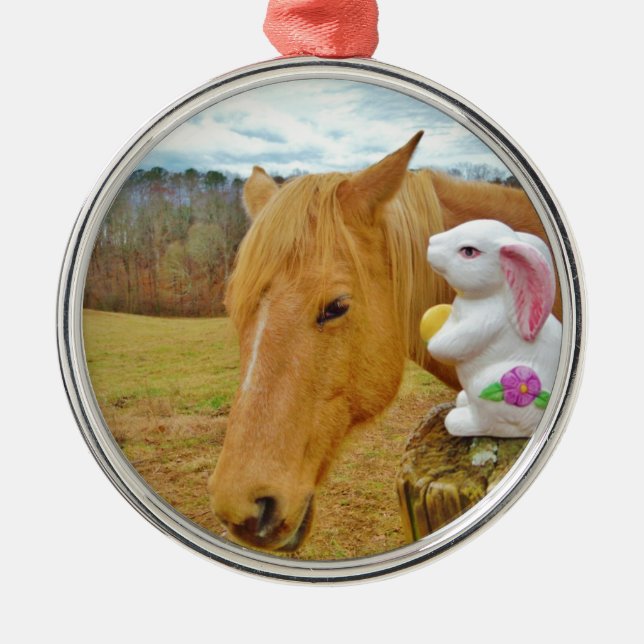 White rabbit and blonde yellow horse metal tree decoration (Front)