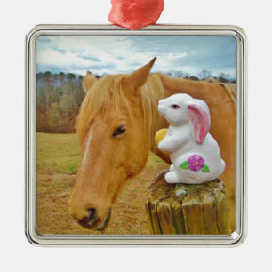 White rabbit and blonde yellow horse metal tree decoration
