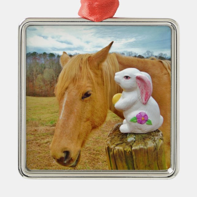 White rabbit and blonde yellow horse metal tree decoration (Front)
