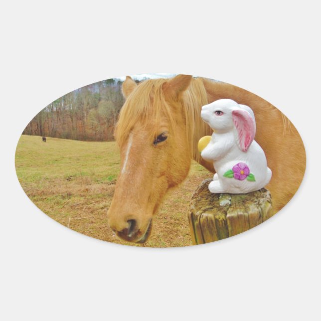 White rabbit and blonde yellow horse oval sticker (Front)