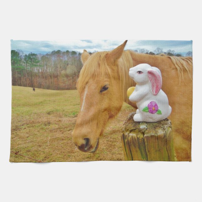 White rabbit and blonde yellow horse tea towel (Horizontal)