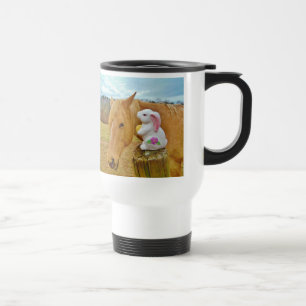 White rabbit and blonde yellow horse travel mug