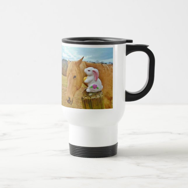 White rabbit and blonde yellow horse travel mug (Right)