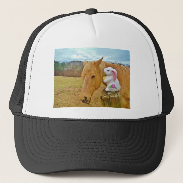 White rabbit and blonde yellow horse trucker hat (Front)
