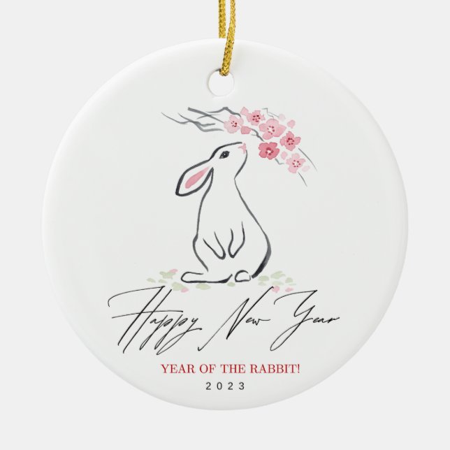 White Rabbit and Cherry Blossom Flower   Ceramic Tree Decoration (Front)