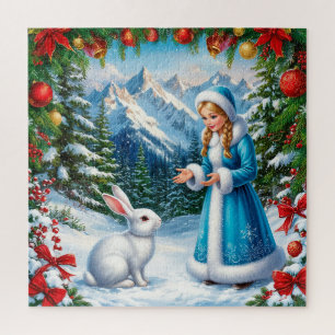 White Rabbit and Snow Maiden in Winter Woodland Jigsaw Puzzle