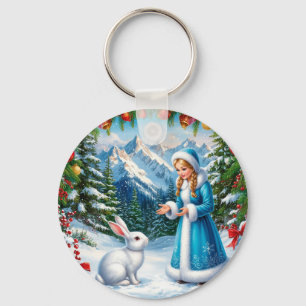 White Rabbit and Snow Maiden in Winter Woodland Key Ring
