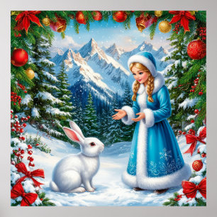 White Rabbit and Snow Maiden in Winter Woodland Poster