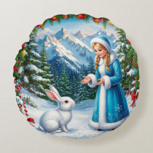 White Rabbit and Snow Maiden in Winter Woodland Round Cushion