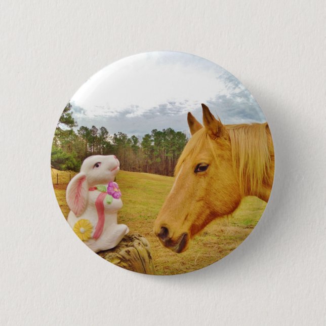 White Rabbit and Yellow Horse 6 Cm Round Badge (Front)