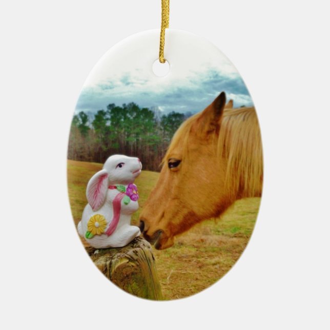 White Rabbit and Yellow Horse Ceramic Tree Decoration (Front)