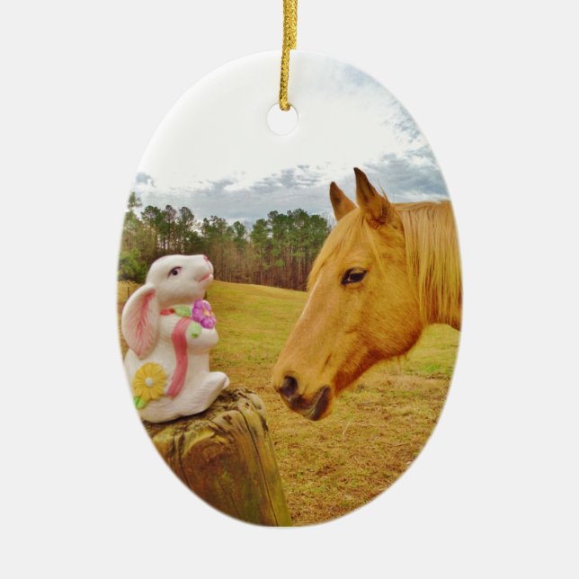 White Rabbit and Yellow Horse Ceramic Tree Decoration (Front)