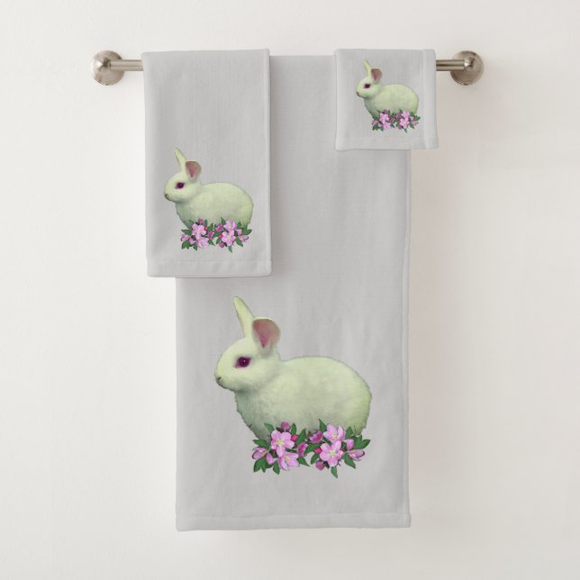 White Rabbit & Apple Flowers on Light Grey Bath Towel Set (Insitu)
