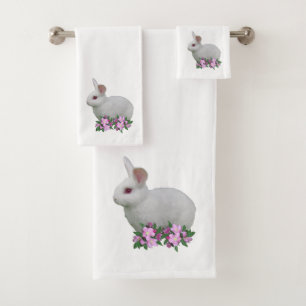White Rabbit & Apple Flowers on White Bath Towel Set