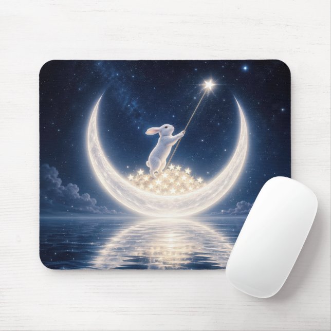 White Rabbit Collecting Stars Mouse Mat (With Mouse)