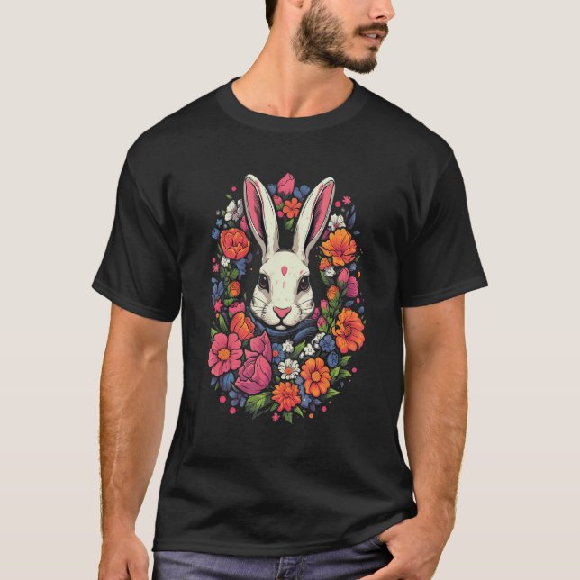 White Rabbit encircled by Flowers Owner  garden T-Shirt (Front)