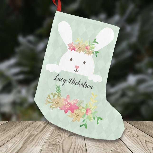 White Rabbit Green Gold Poinsettia Floral Small Christmas Stocking (Creator Uploaded)