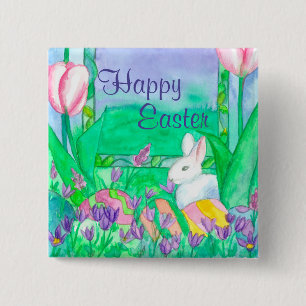White Rabbit Happy Easter 15 Cm Square Badge