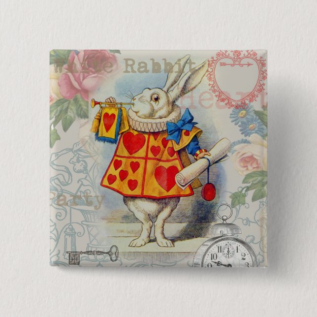 White Rabbit Hearts Alice Classic 15 Cm Square Badge (Front)