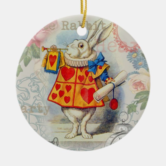 White Rabbit Hearts Alice Classic Ceramic Tree Decoration (Front)