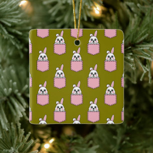 White Rabbit in Pink Pocket Pattern Ceramic Ornament