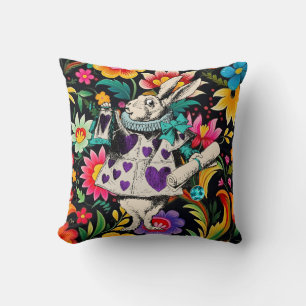White Rabbit in Purple on Colourful Floral Cushion