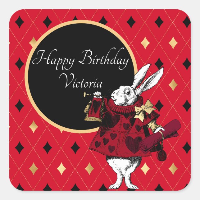 White Rabbit in Red Birthday Square Sticker (Front)