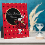 White Rabbit in Red Birthday Tabletop Plaque<br><div class="desc">Festive birthday greeting features vintage illustration of the White Rabbit in red tinted Queen of Hearts garb with black and gold customisable text circle and red / gold / black diamond background</div>