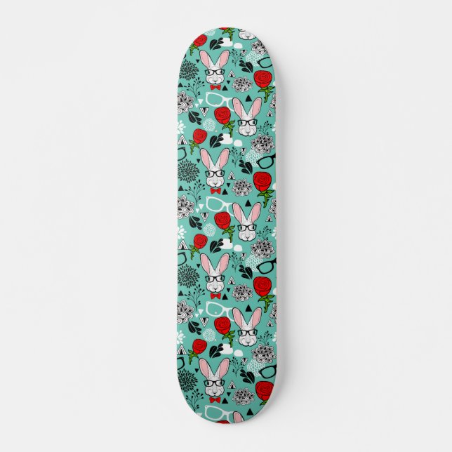 White rabbit in roses skateboard (Front)