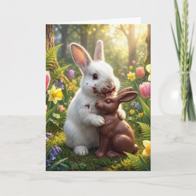 White Rabbit Licking a Chocolate Easter Bunny Card (Front)