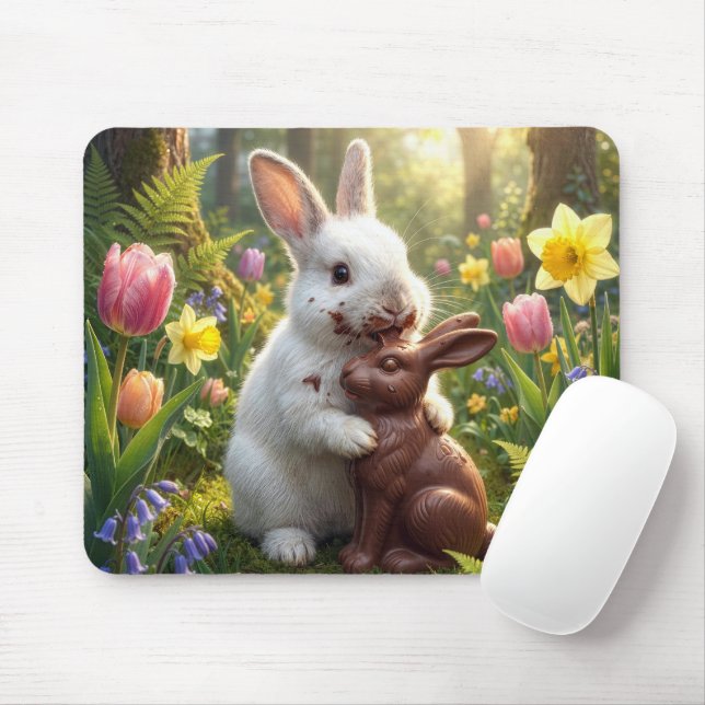White Rabbit Licking a Chocolate Easter Bunny Mouse Mat (With Mouse)