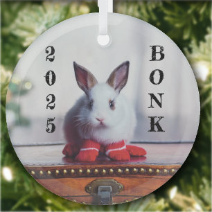 White rabbit on antique Wooden trunk Glass Tree Decoration
