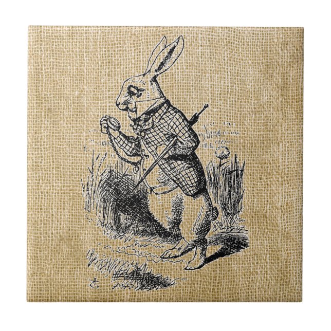 White Rabbit on Burlap Tile (Front)