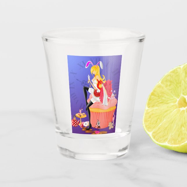 White Rabbit on Cupcake  Shot Glass (Front)