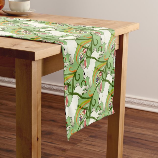White Rabbit on Green Tiled Home Decor Short Table Runner (In Situ)