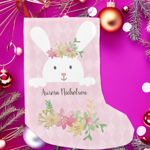 White Rabbit Pink Gold Poinsettia Floral Small Christmas Stocking
