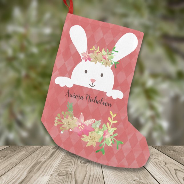 White Rabbit Pink Gold Poinsettia Floral Small Christmas Stocking (Creator Uploaded)