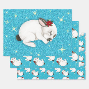 White rabbit Sleeping in Sparkling blue background Wrapping Paper Sheet