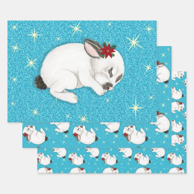 White rabbit Sleeping in Sparkling blue background Wrapping Paper Sheet (Set)