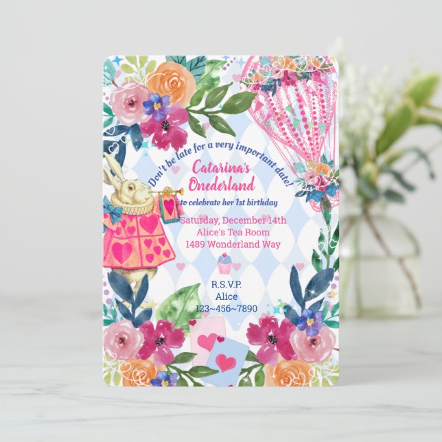 White Rabbit Story Tale Unmerry Birthday Party Inv Invitation (Standing Front)